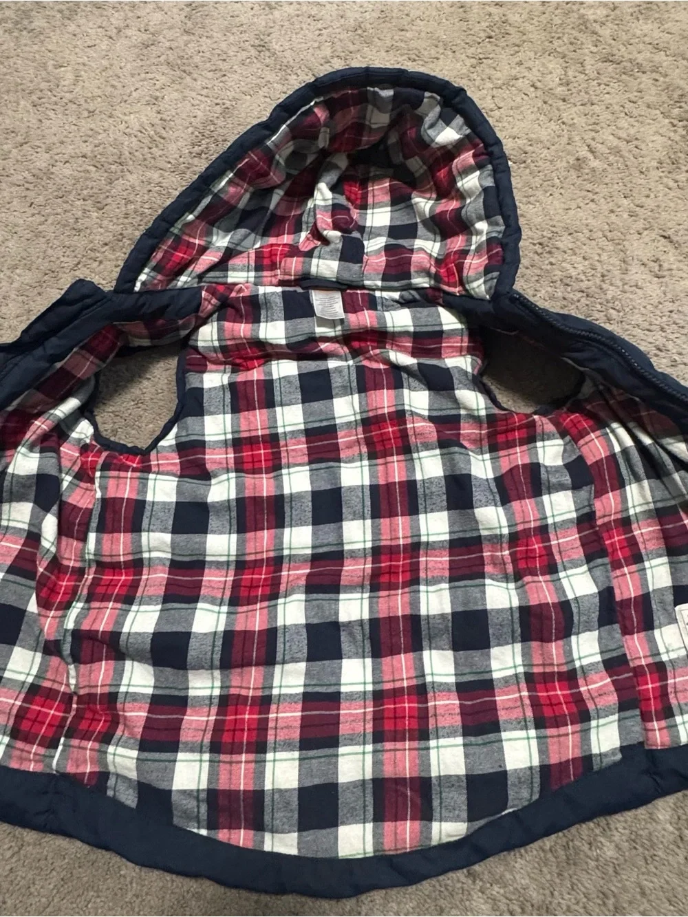 Boys Gymboree Navy Puffer Hooded Vest with Plaid Lining size 8